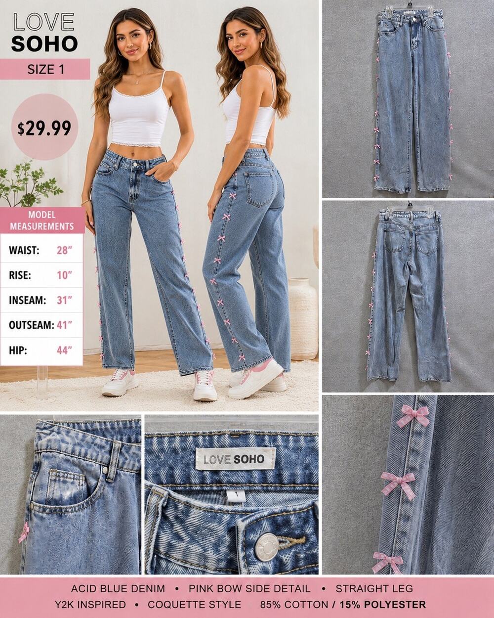 Love Soho Jrs Sz 1 Blue Acid Wash Jeans Pink Bow Side Detail Straight Leg Y2K